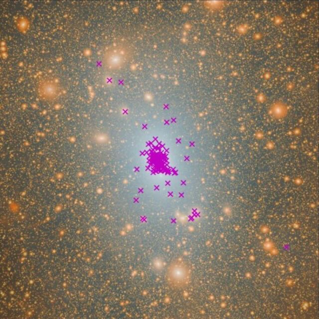 Large white fuzzy blob covered by small purple Xs and many smaller, reddish, mostly circular blobs of light around it.