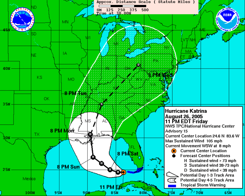 Map with a widening white swath over the Gulf of Mexico and coastal states and on northward.