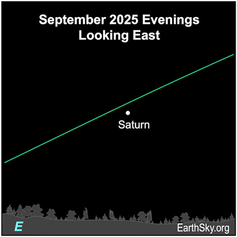 A dot, Saturn, is above a wavy line, the horizon.