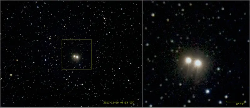 Animation showing two close stars very visibly moving against background stars.