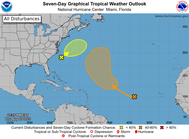 A yellow area off the Mid-Atlantic coast and an orange area toward mid-Atlantic.