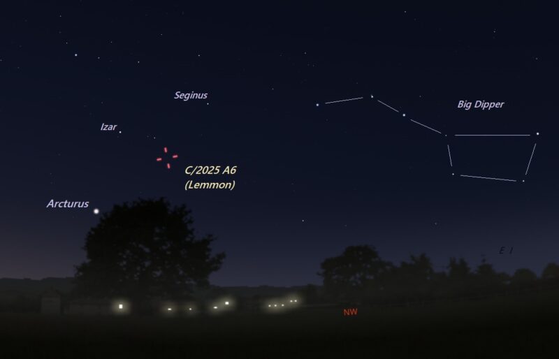 Star chart: Red hashmarks for the comet's location between the Big Dipper and Arcturus.