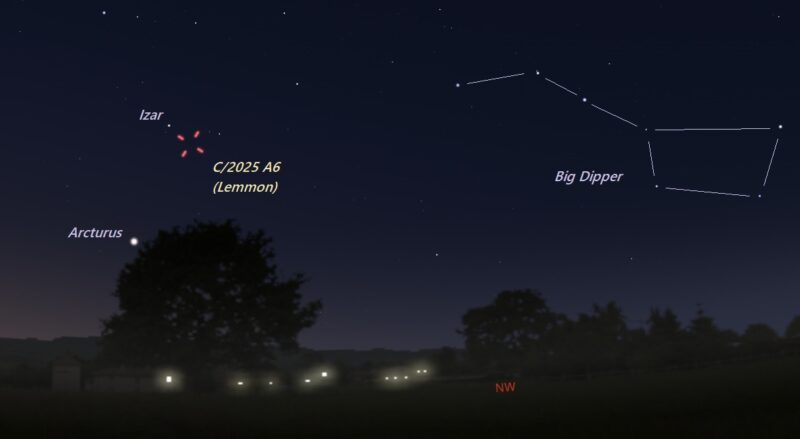 Star chart: Wide view of horizon and the Big Dipper with red hashmarks for the location of the comet near Arcturus.
