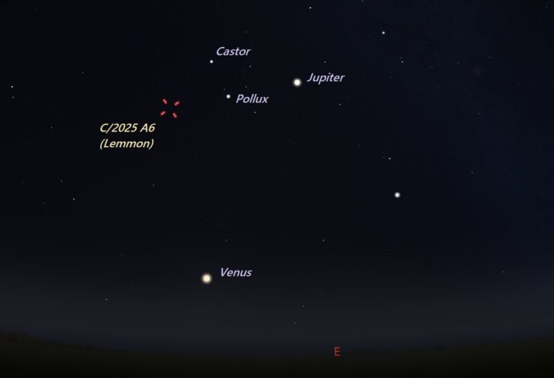 Red hashmarks for the comet's location near Castor and Pollux and Jupiter with Venus below.