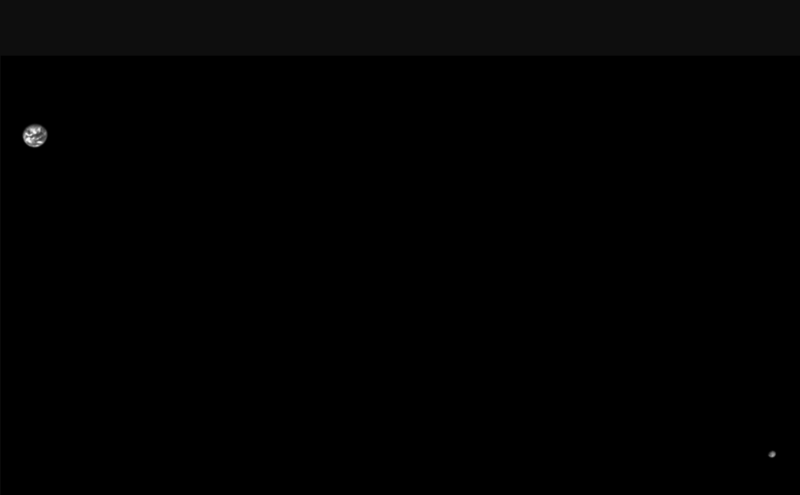 Upper left corner is a small Earth, blackness between and small moon at bottom right.