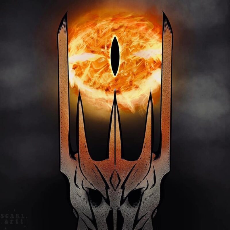 A ball of fire resembling a human eye set in a tower resembling a human skull.