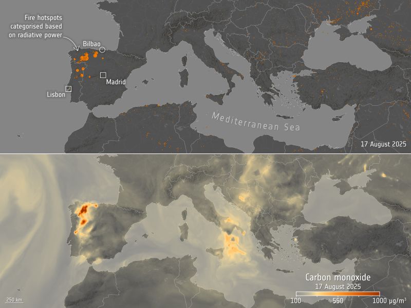 2 maps of southern Europe. Above: orange spots in northern Spain Below: widespread hazy areas in brown.