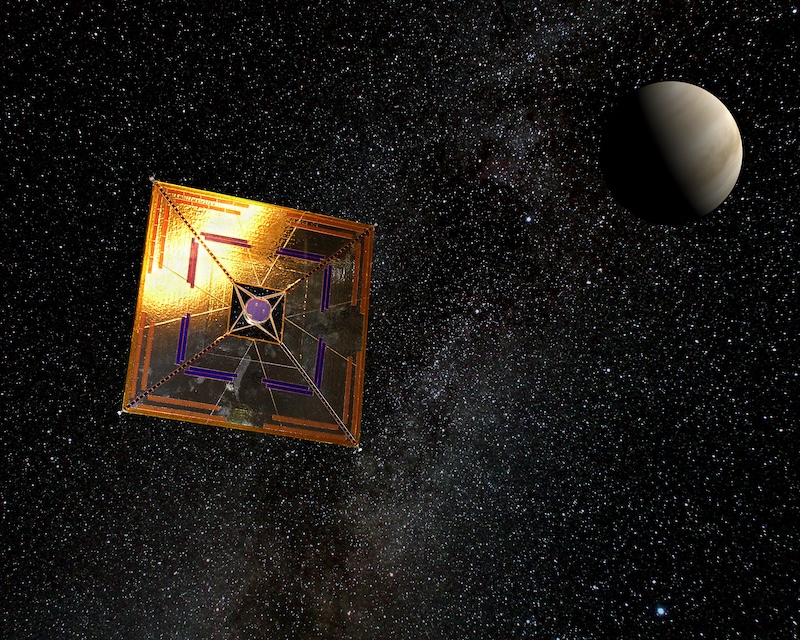 Reflective, square-shaped metallic object in space, with a planet nearby and stars in the background.