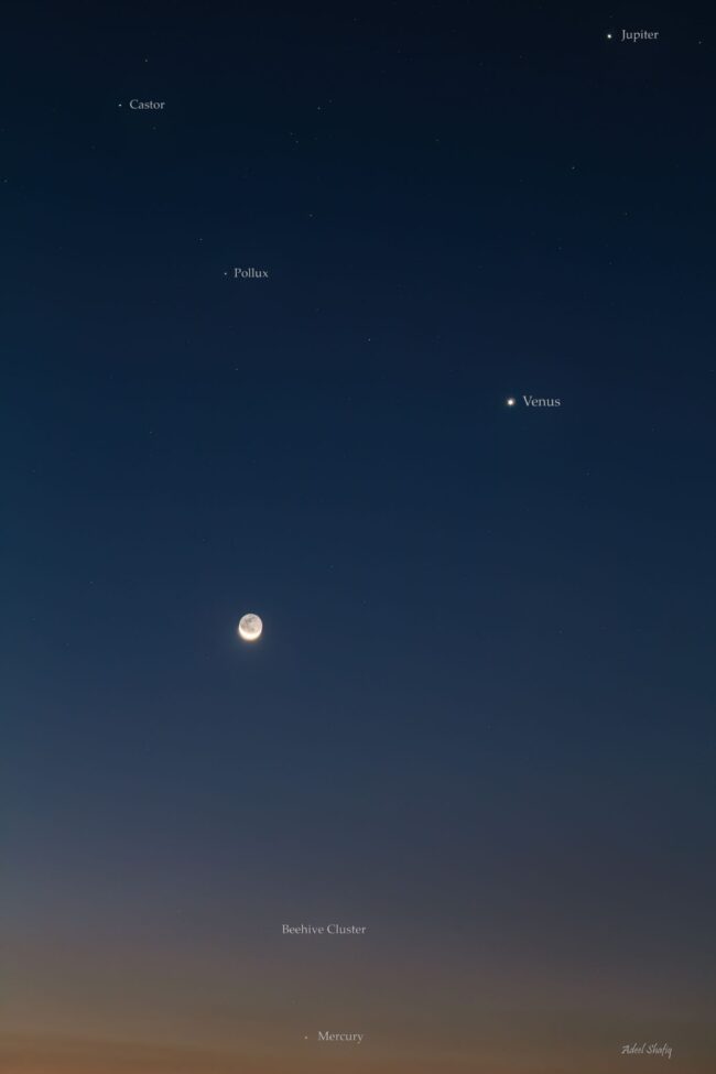 Dark sky with a moon in the middle. Castor, Pollux, Jupiter and Venus above. The Beehive and Mercury below.