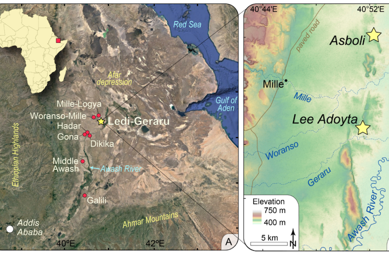 Africa map with region located in red, orbital view of entire region, contour map of specific area.