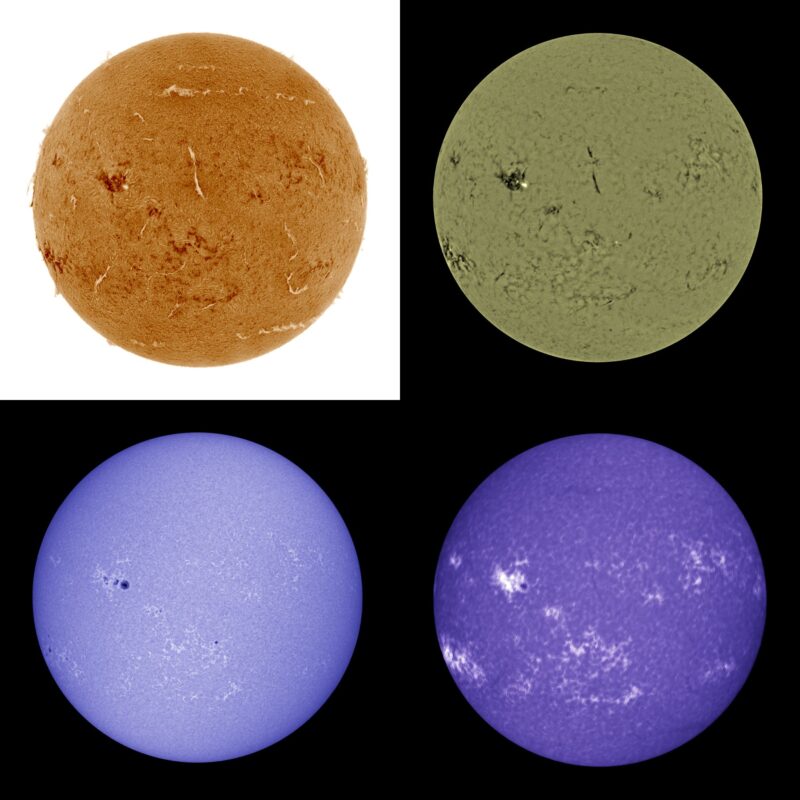The sun, seen as four colored spheres, one orange, one gray, one blue and one violet.