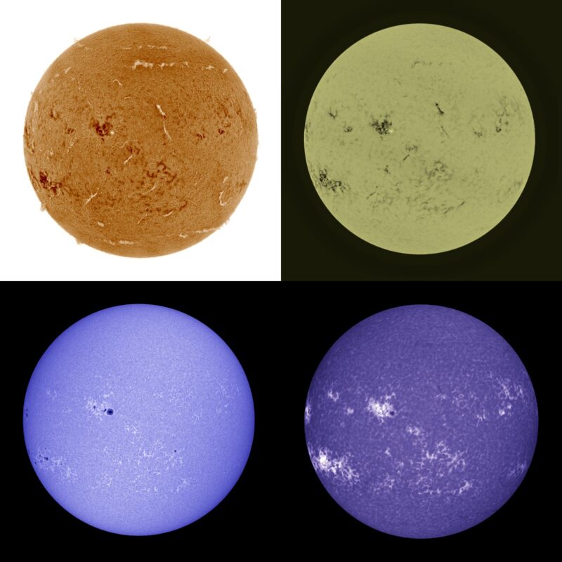 The sun, seen as four colored spheres, one orange, one gray, one blue and one violet.