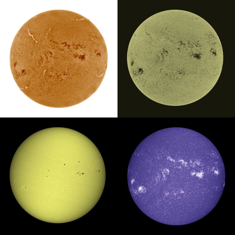 The sun, seen as four colored spheres, one orange, one gray, one yellow and one violet.