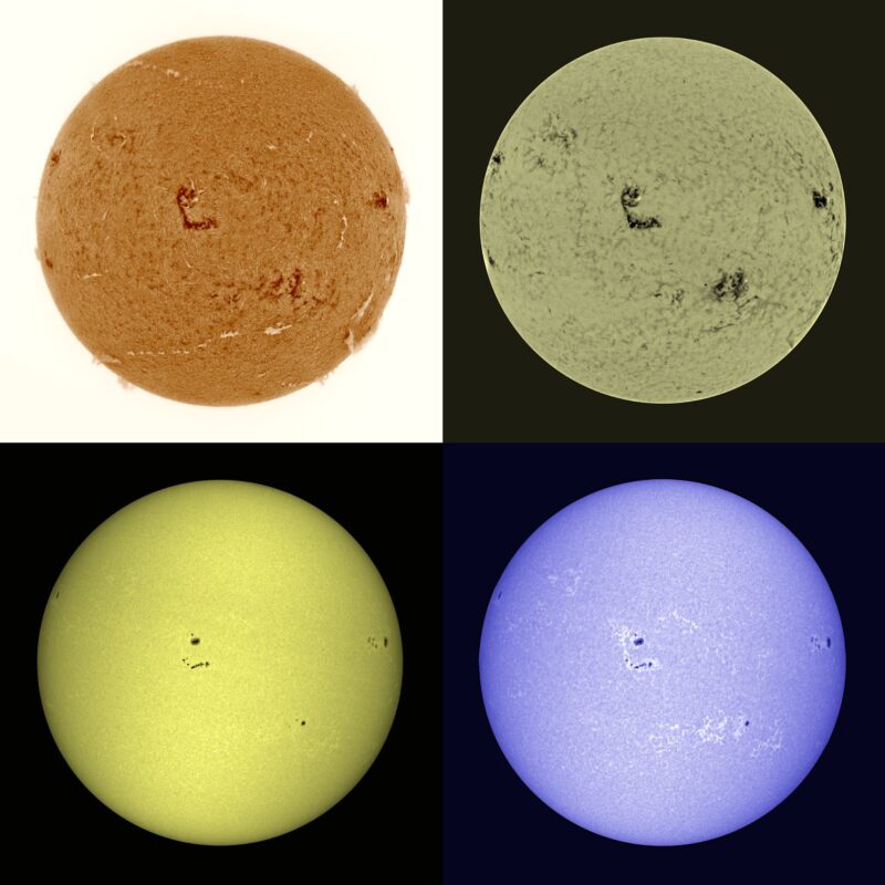 The sun, seen as four colored spheres, one orange, one gray, one yellow and one violet.