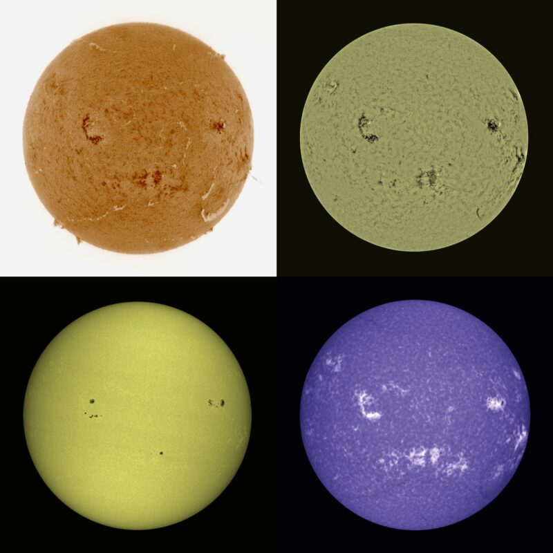 The sun, seen as four colored spheres, one orange, one gray, one yellow and one violet.