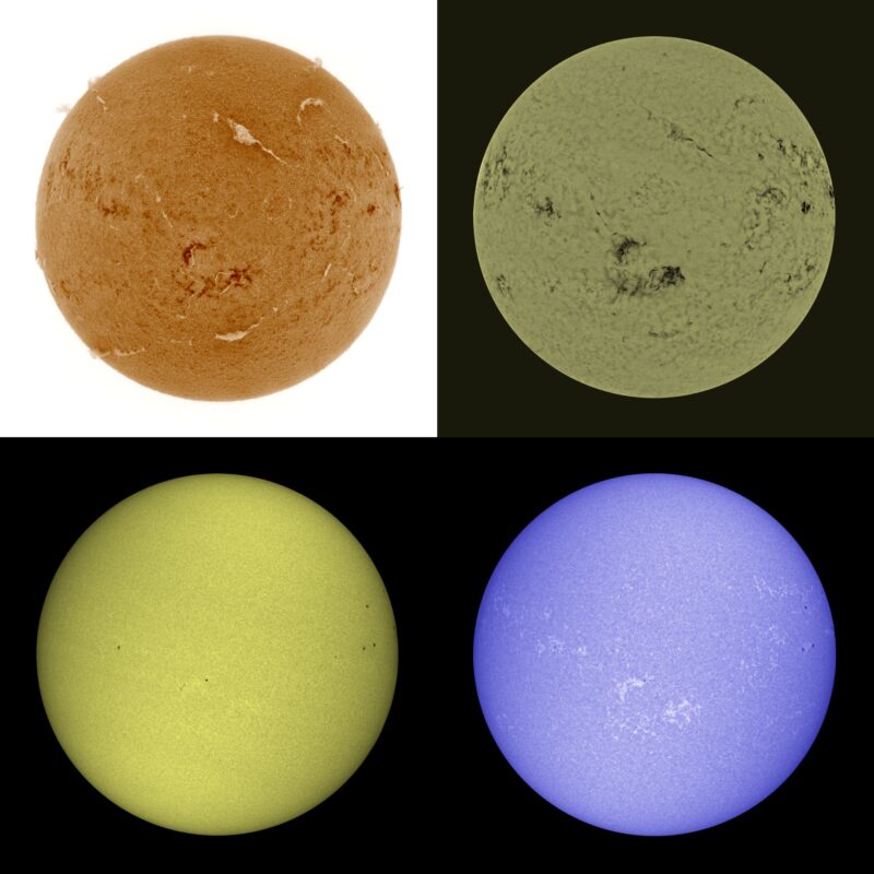 The sun, seen as four colored spheres, one orange, one gray, one yellow and one violet. Sun news for August 17-18, 2025.