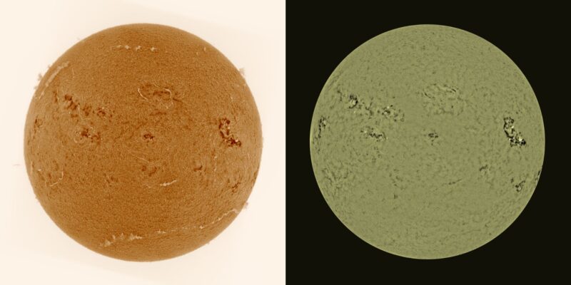 The sun, seen as two colored spheres, one orange and one gray.
