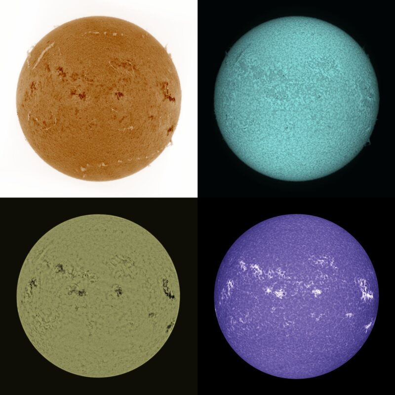 The sun, seen as four colored spheres, one yellow, one blue, one gray and one violet.