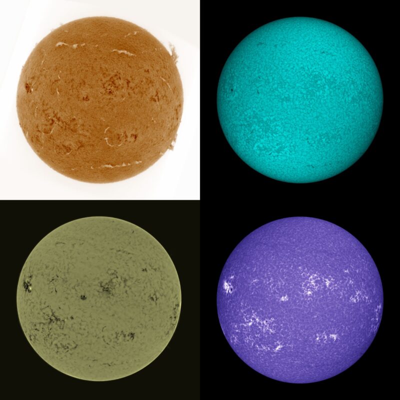 The sun, seen as four colored spheres, one orange, one blue, one gray and one violet.