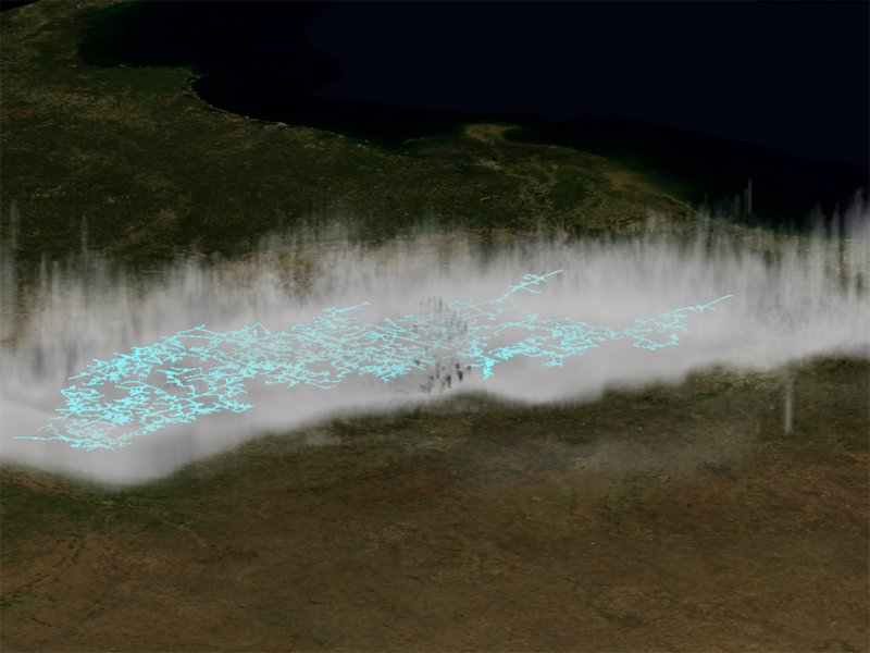 View down at satellite image with white clouds and light blue wiggly lines with many branches.