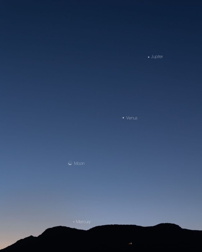 From top to bottom: Jupiter, Venus, moon and Mercury. They form a line, except for the moon, that is a bit to the left.