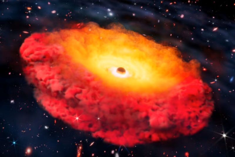 Monster black hole: A dark spot at center with a big blooming mass or orange and yellow like an exploding cloud on a starry background.