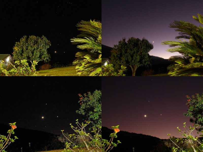 4 panels of dark sky with trees in the foreground. Bright dots in different positions in each panel.
