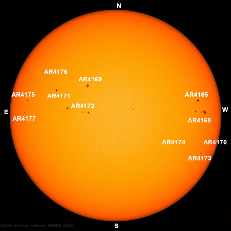 The sun, seen as a large yellow sphere with dark spots, each labeled.