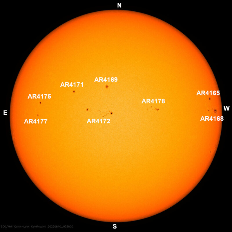 The sun, seen as a large yellow sphere with dark spots, each labeled.