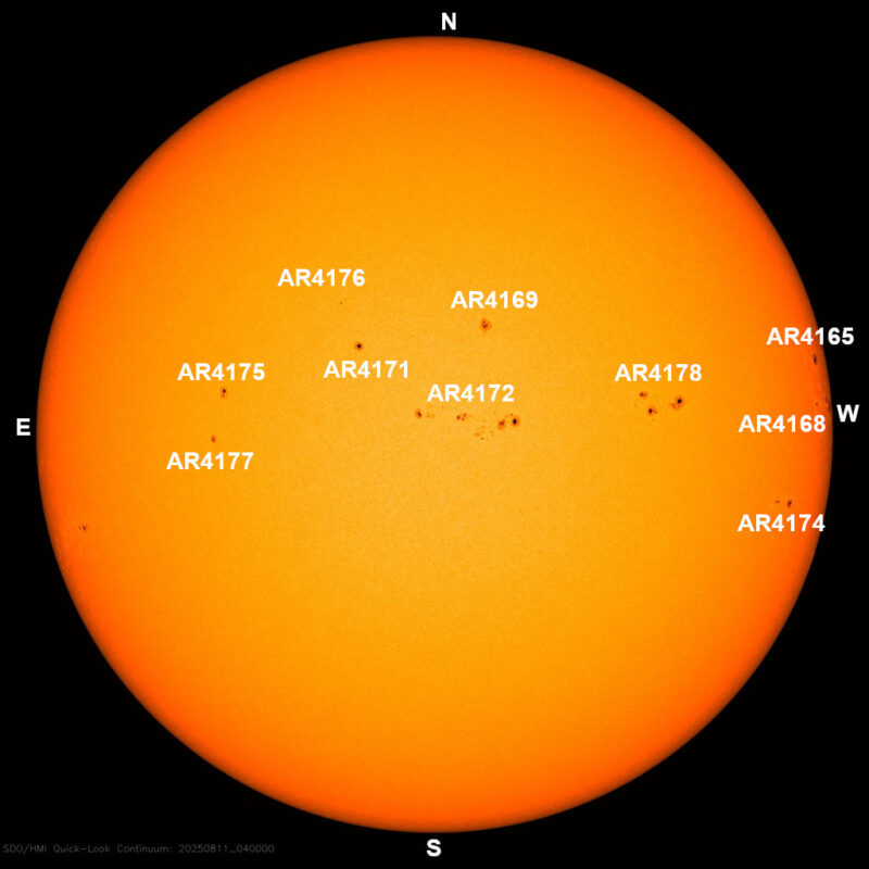 The sun, seen as a large yellow sphere with dark spots, each labeled.