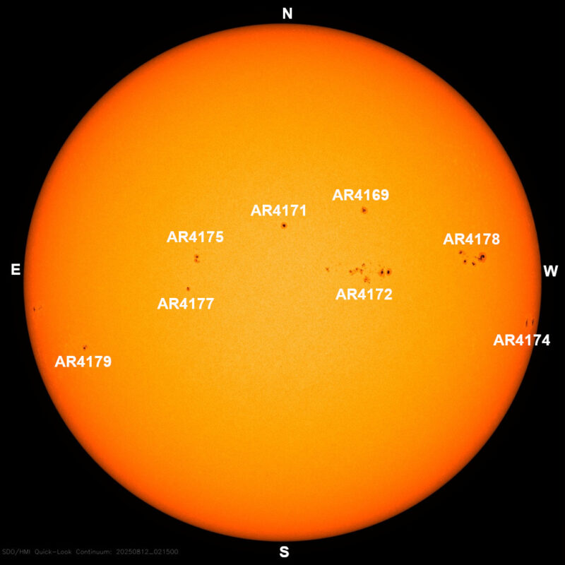 The sun, seen as a large yellow sphere with dark spots, each labeled.