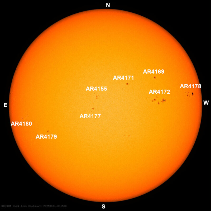 The sun, seen as a large yellow sphere with dark spots, each labeled.