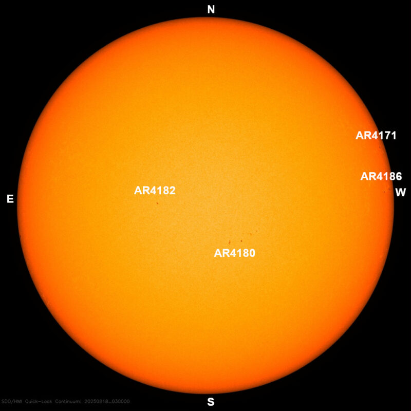 The sun, seen as a large yellow sphere with dark spots, each labeled.