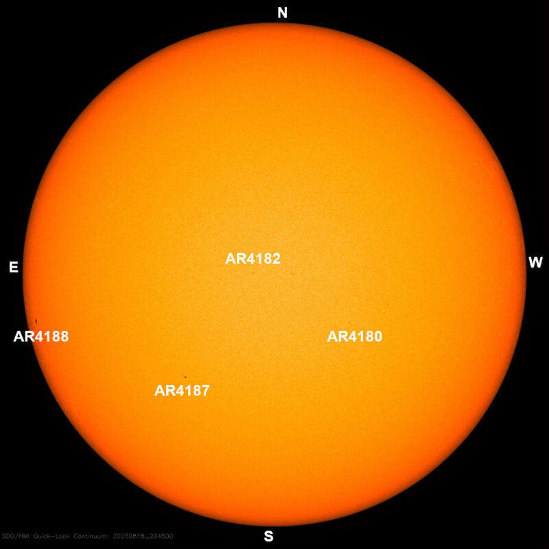 The sun, seen as a large yellow sphere with dark spots, each labeled. Sun news.