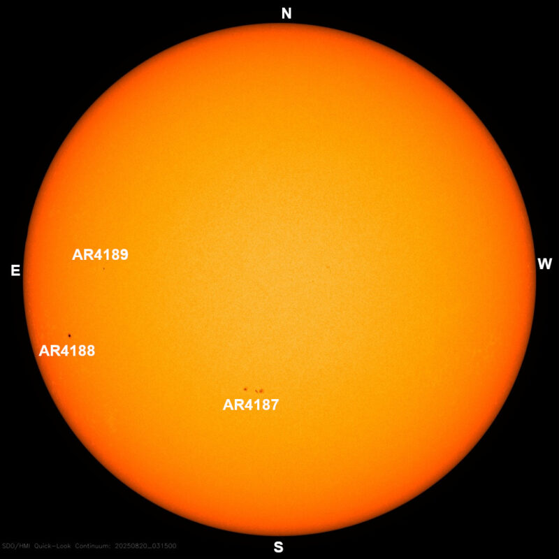 The sun, seen as a large yellow sphere with dark spots, each labeled.