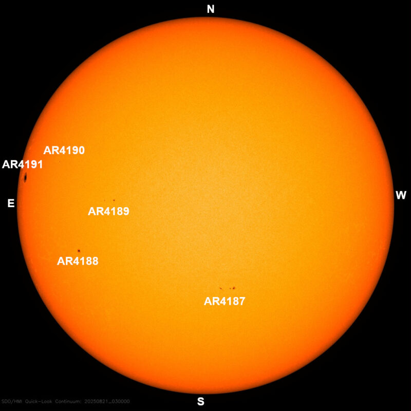 The sun, seen as a large yellow sphere with dark spots, each labeled.