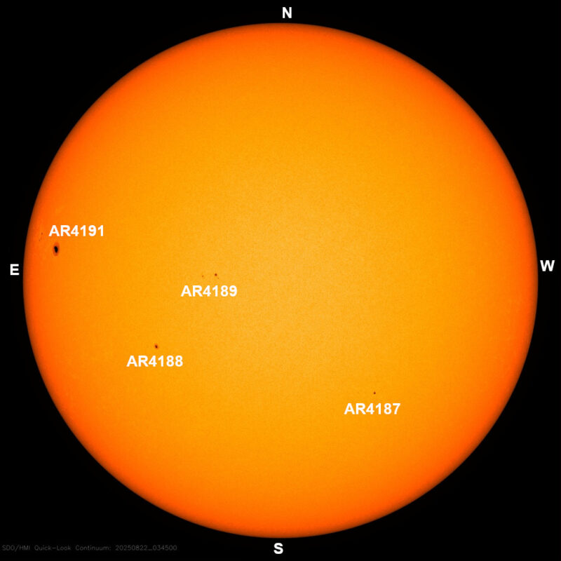 The sun, seen as a large yellow sphere with dark spots, each labeled.
