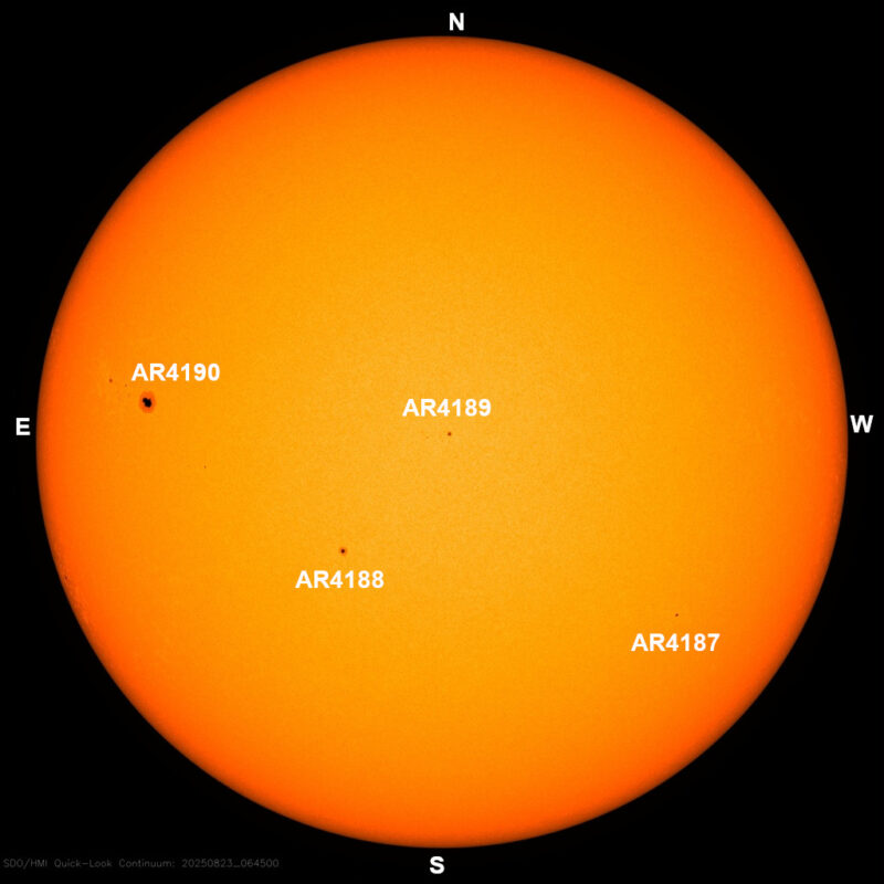 The sun, seen as a large yellow sphere with dark spots, each labeled.