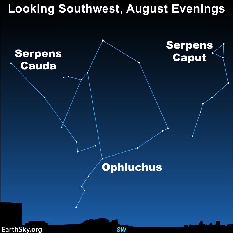 Star chart showing the stars that make up Serpens Cauda, Serpens Caput and Ophiuchus.