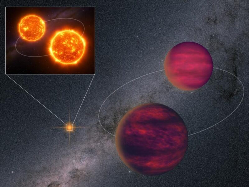 Quadruple star system: Two reddish banded spheres and 2 brighter suns close together shown in an inset.