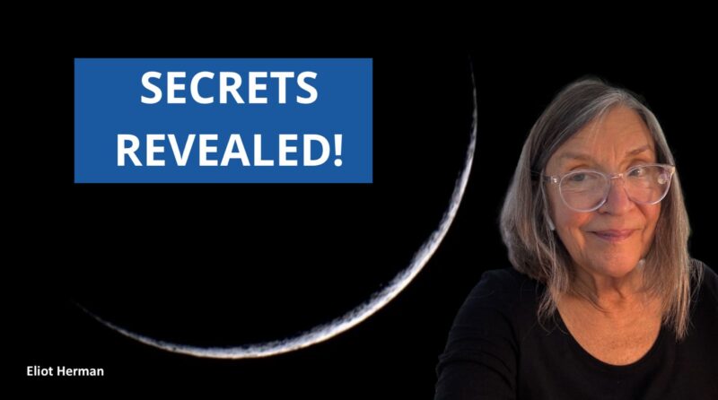 A very thin crescent moon and a woman with bobbed hair and glasses with the words Secrets Revealed.