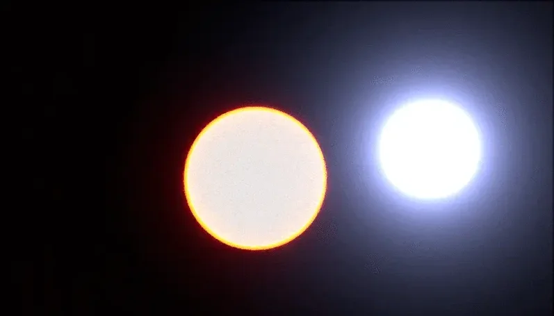 A very bright white-blue orb passes in front of and then behind a slightly dimmer, more yellow orb.