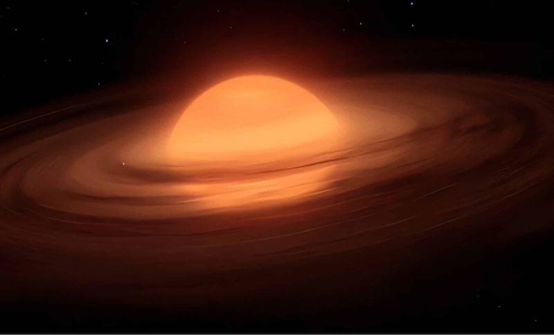 Glowing yellowish sphere in space, with a disk of dust orbiting around it.