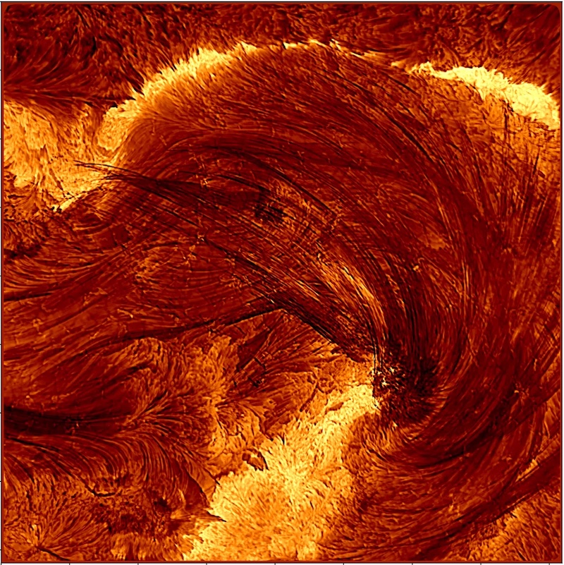 New solar flare images: Dark reddish swirls and filaments, with brighter yellow patches among them.