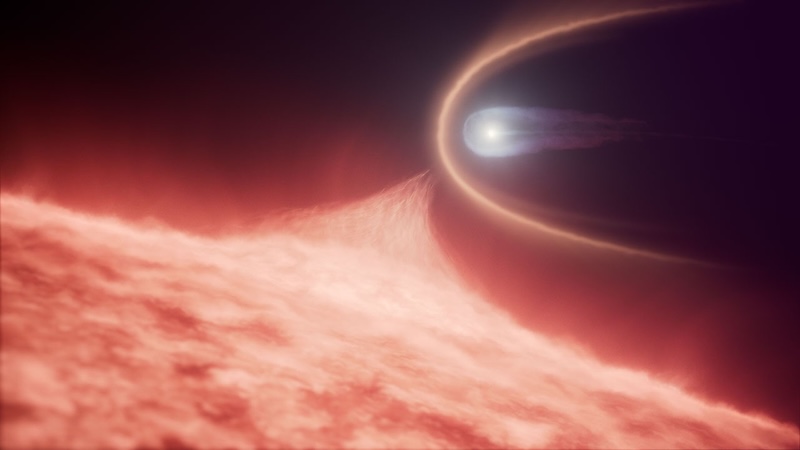 Massive white dwarf: Small white star and a much larger red star. A bow shock pattern is in front of the white star.