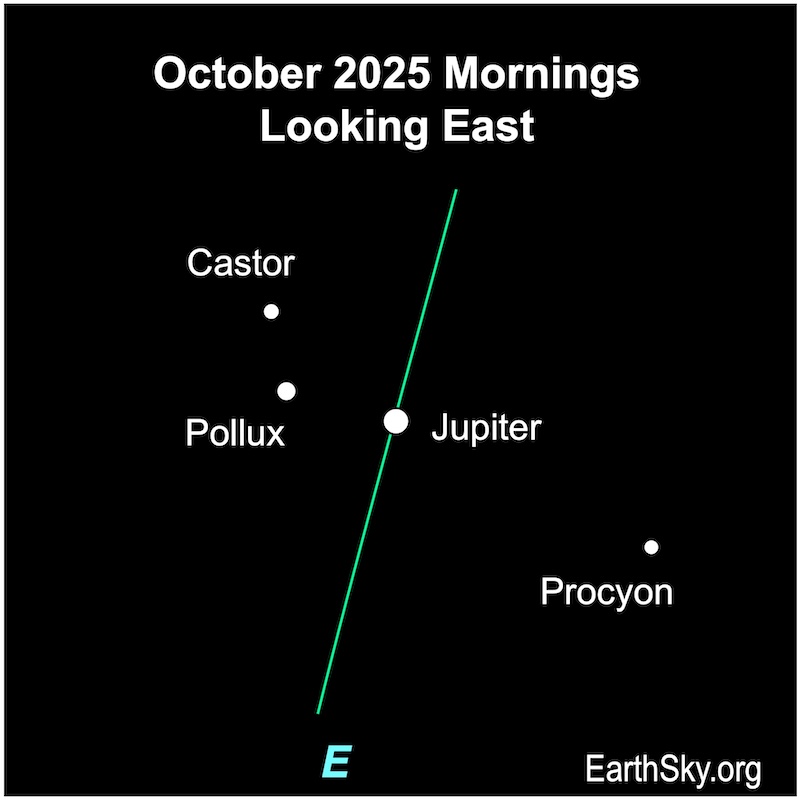 A dot, Jupiter, is right of two smaller dots, Castor and Pollux. They are above and to the left of another dot, the star Procyon.