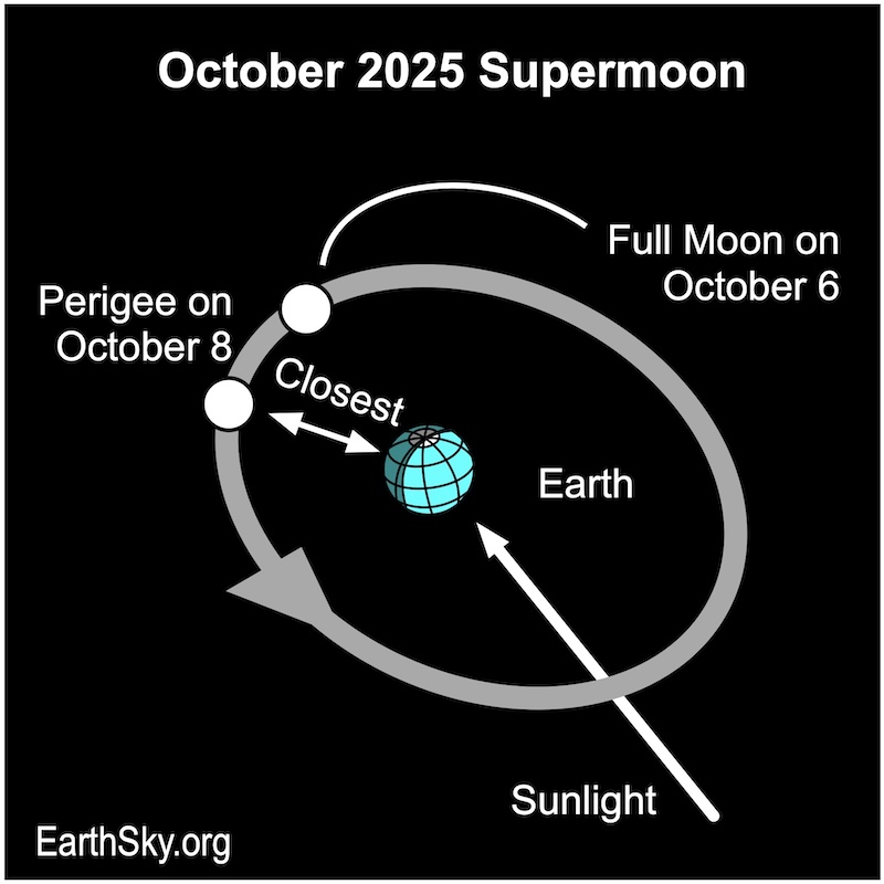 Chart showing an arrow passing a disk, Earth, then passing a smaller disk, the moon, and another disk, the moon at perigee.