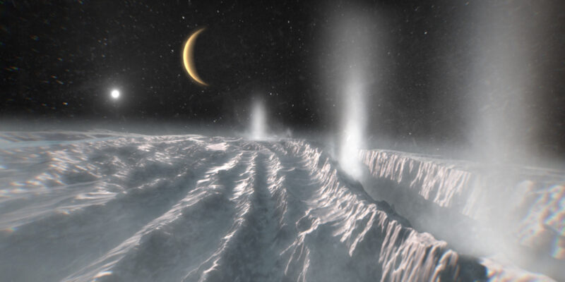 White, ridged terrain with plumes bursting upward, a crescent-lit moon behind and a bright sun in the distance.