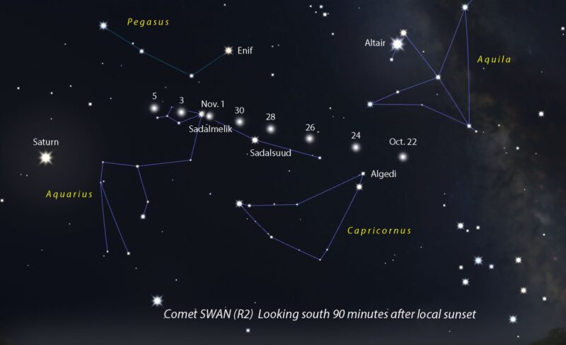 Finder chart showing the path of Comet SWAN across the sky.