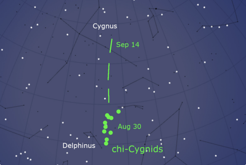 Star chart with green lines and dots showing where the meteors should appear near constellations.